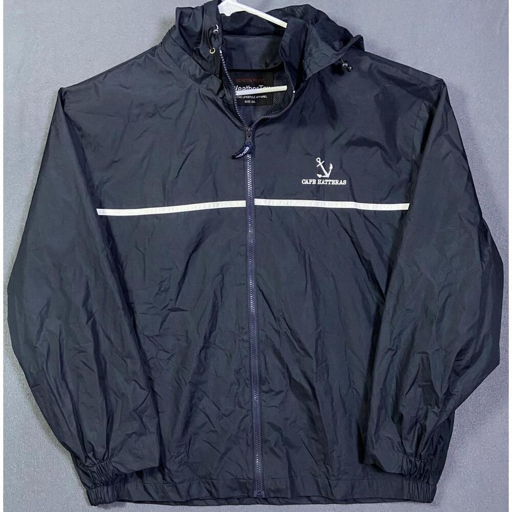 BEACON POINT | Men's Hooded Rain Jacket 2XL XXL Windbreaker Cape Hatteras Navy